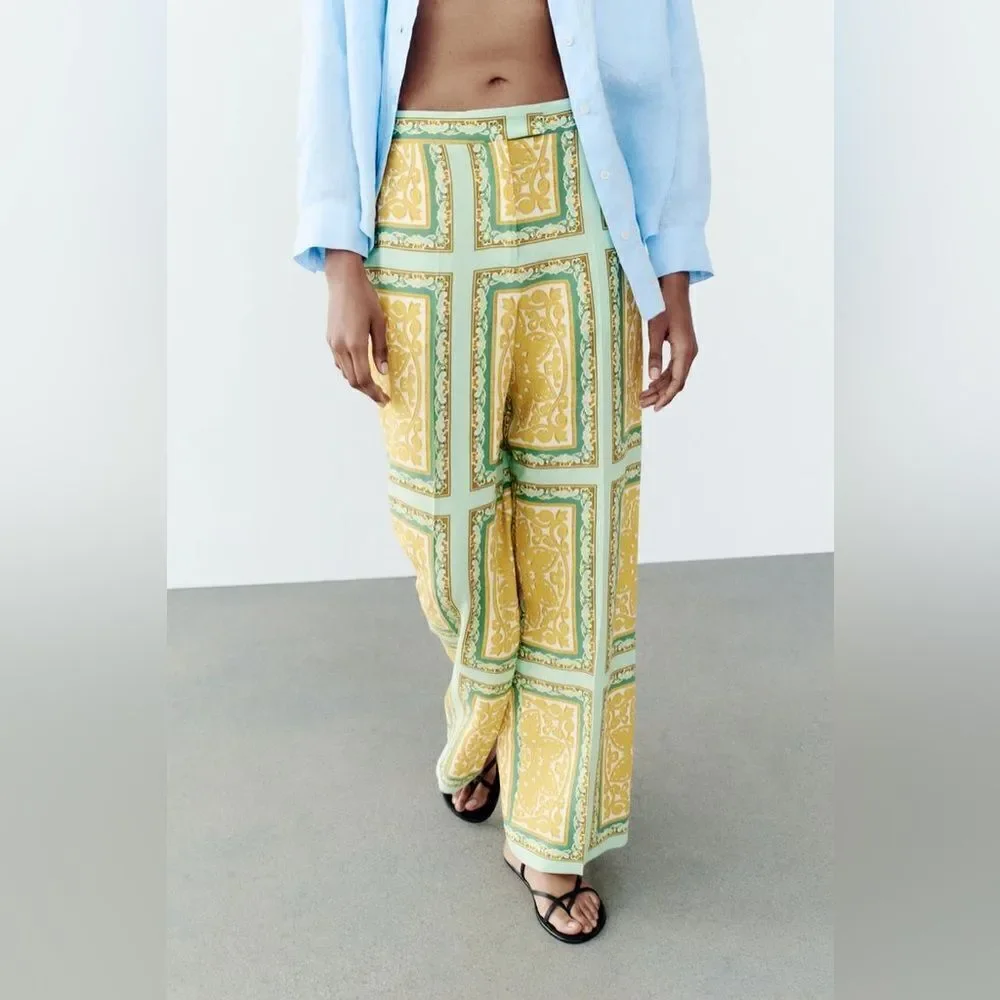 ZARA LINEN BLEND PRINTED PANTS